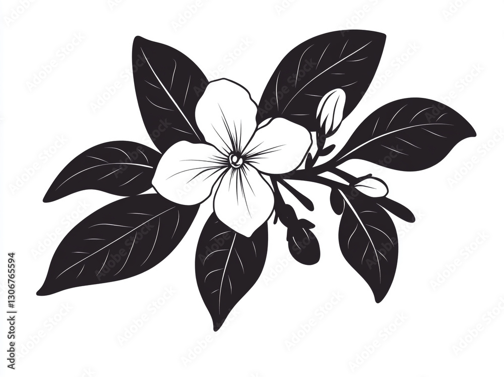 Fototapeta premium Black vector graphic of a jasmine flower with leaves on a white background.