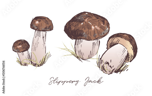 Slippery Jack mushroom sketch drawing, hand drawn vector illustration