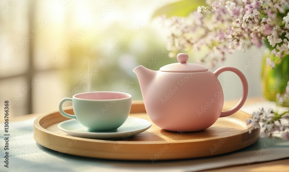 Smooth ceramic teapot and cup set in soft pastel tones on a natural wooden tray, perfect for serene tea-time moments. Smooth ceramic teapot and cup set in soft pastel tones on a natural wooden tray, perfect for serene tea-time moments.