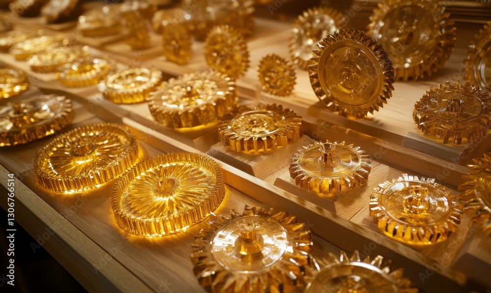 Intricate arrangement of golden gears and cogs, illuminated by soft warm light showcasing mechanical precision and craftsmanship .