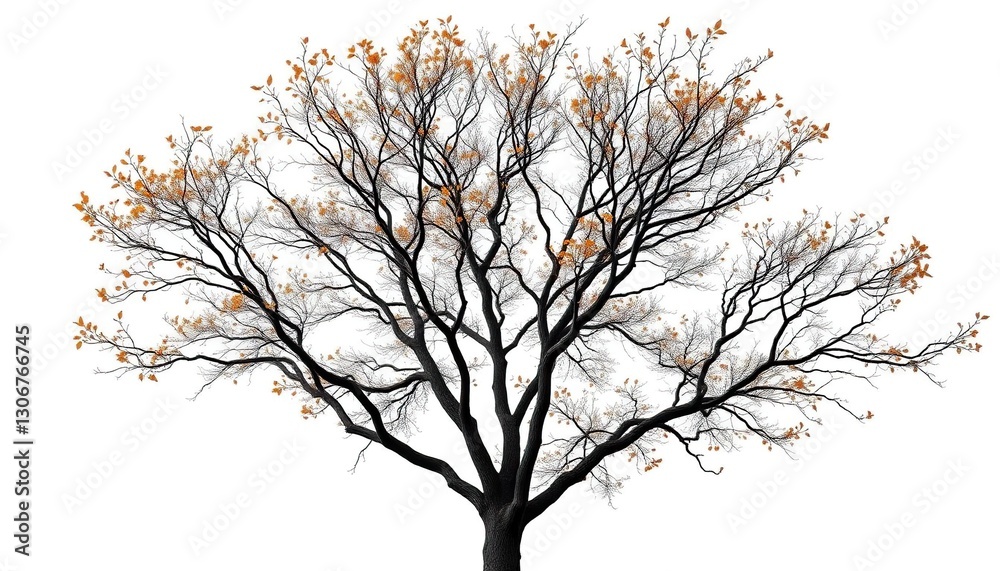 Obraz premium Lone deciduous tree, branches reaching skyward, stark white backdrop, foliage, single