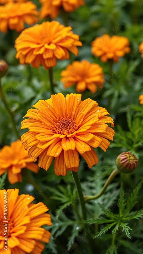 Bright orange marigold petals unfolding in morning dew, garden, water droplets