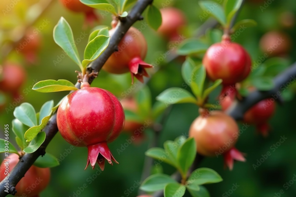 Pomegranate tree branches with red orange flowers blooming in garden, flower, blossoms, flowering Pomegranate tree branches with red orange flowers blooming in garden, flower, blossoms, flowering
