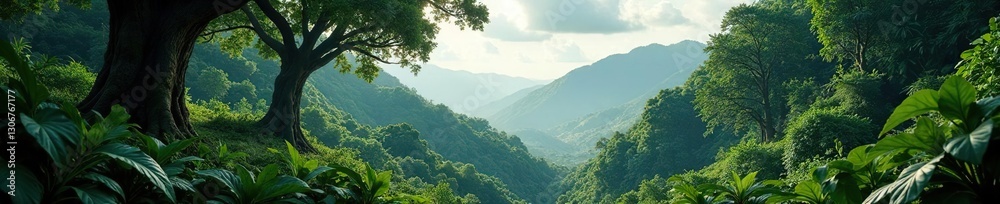 Fototapeta premium Tropical forest on a hill with giant trees and vines, lush, tropical