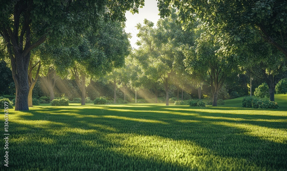 Obraz premium Lush green park with tall trees casting dappled sunlight on the grass, creating a serene and tranquil outdoor atmosphere