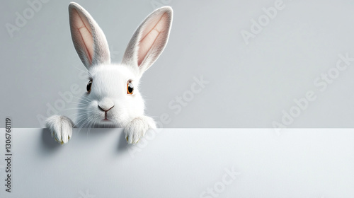 Playful White Rabbit Peeking Behind Blank Sign