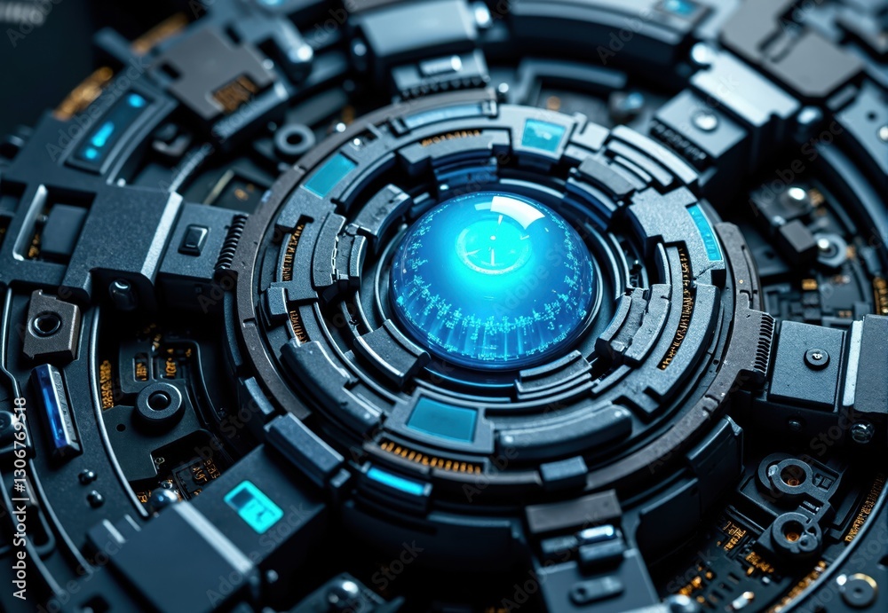 Obraz premium Circular Technological Device with Glowing Blue Orb