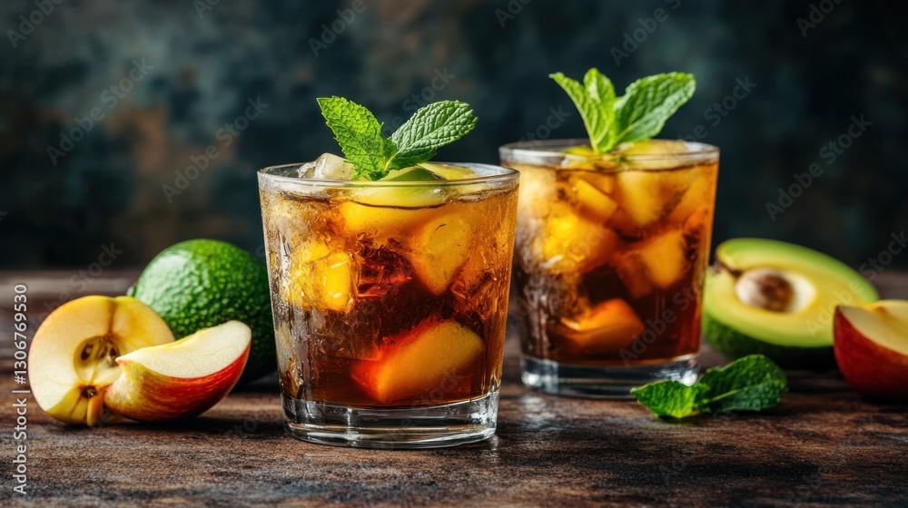 Two iced apple and avocado drinks with mint. Two iced apple and avocado drinks with mint.
