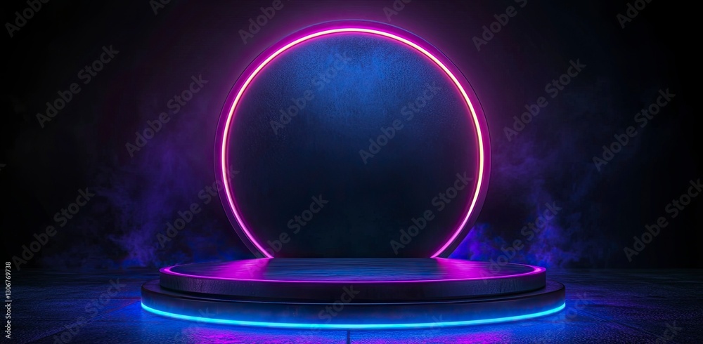 3D rendering of a futuristic background with neon blue and purple lights, empty space for product presentation. Abstract scene with geometric shapes and hologram elements. 3D rendering of a futuristic background with neon blue and purple lights, empty space for product presentation. Abstract scene with geometric shapes and hologram elements.