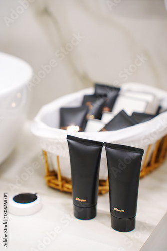 A set of cosmetics for the shower in the hotel bathroom. 