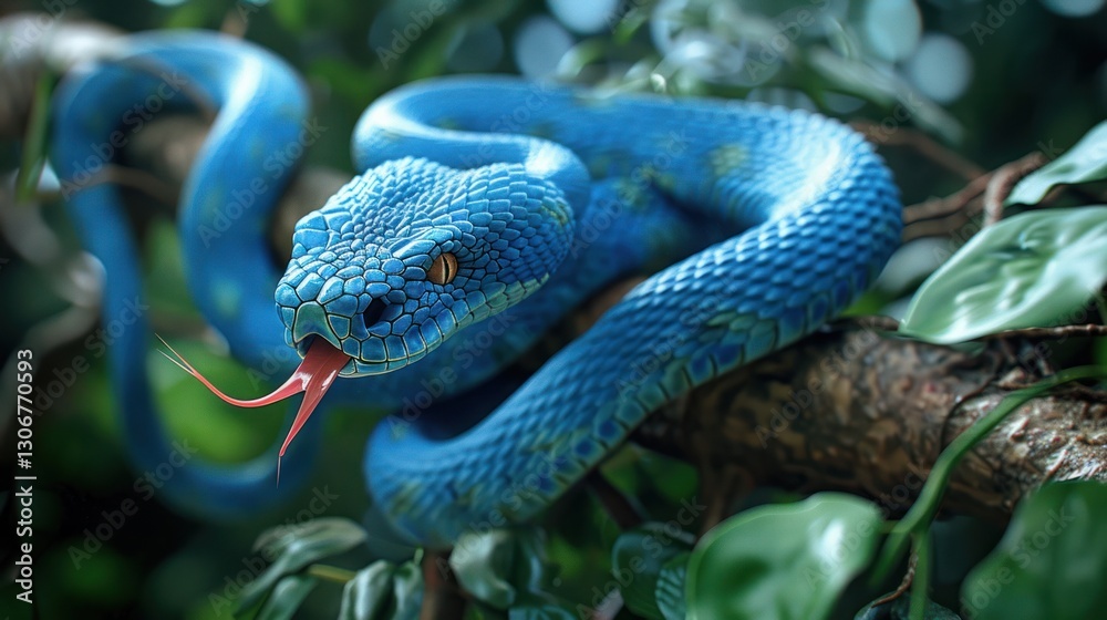 Fototapeta premium Vibrant Blue Snake in Lush Tropical Foliage