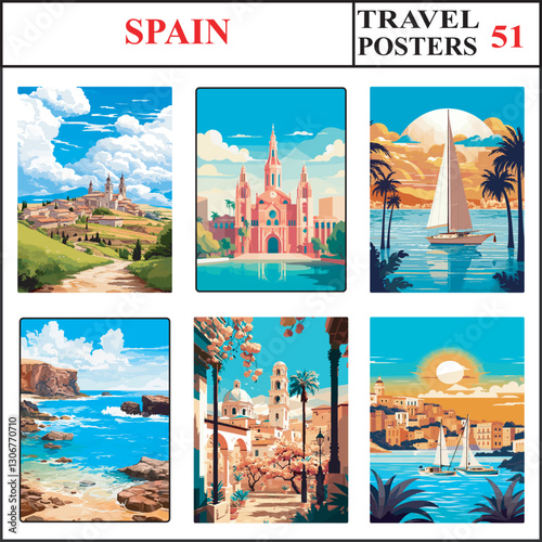 Spain Castilla Y Leon Barcelona Palma De Mallorca Travel Poster Wall Art Print Collection Set 51