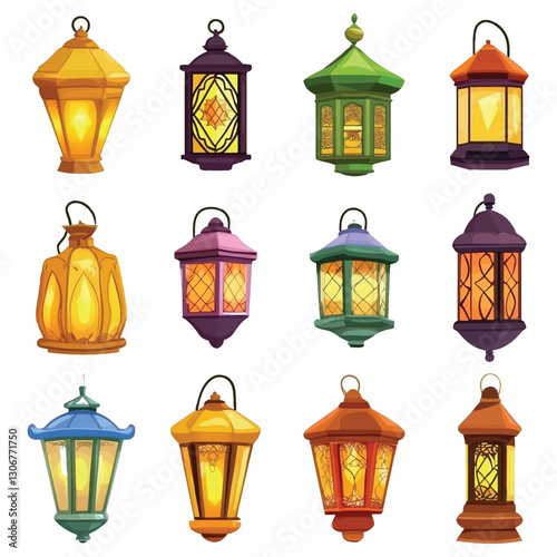 Famous lanterns Cartoon ramadan lamps for iftar party hanging old arabic lamp or ramadhan lantern fanoos traditional islamic muslim religion eid mubarak neat vector illustration
