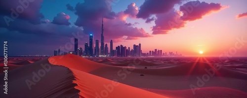 Tawny sand dunes meet the modern Dubai skyline at dusk, skyscrapers, auroral glow