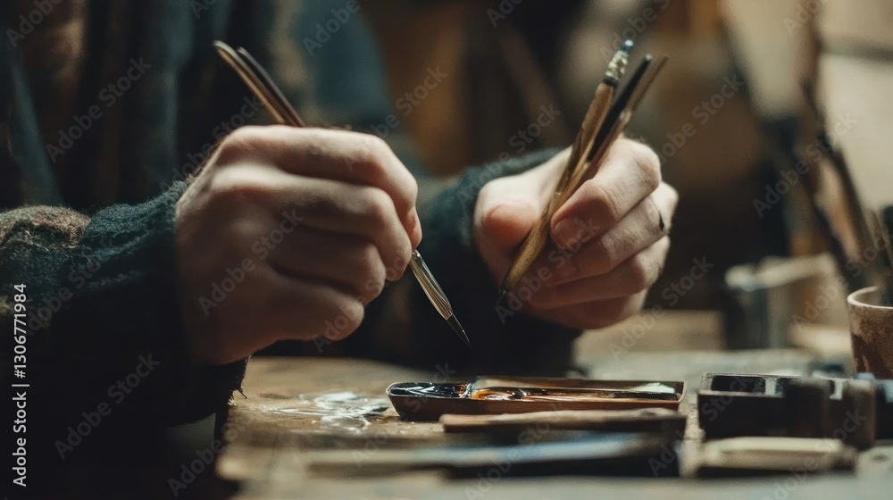 Fototapeta premium Artist hands holding brushes over paint