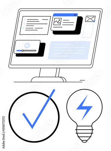 Computer monitor displaying content windows, checkmark in circle, and lightning bolt in bulb. Ideal for productivity, innovation, development, approval, efficiency, energy and modern technology