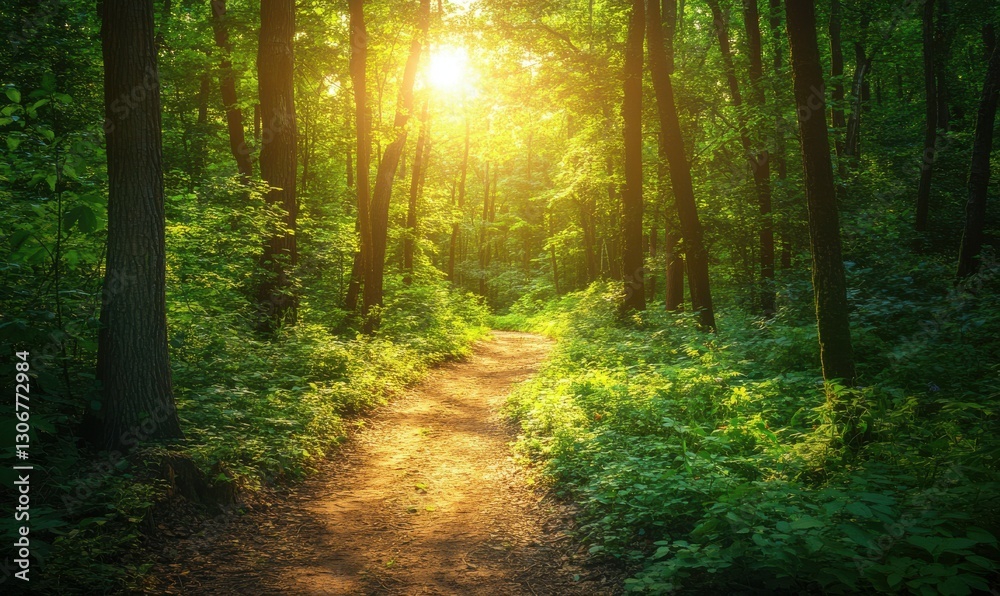 Fototapeta premium Scenic forest trail illuminated by early morning sunlight filtering through dense foliage, creating a serene atmosphere.