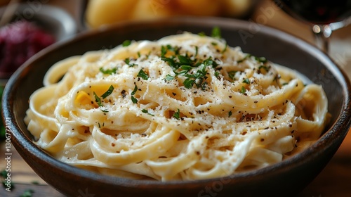 fettuccine alfredo served on wooden table with wine glass