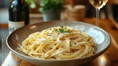 fettuccine alfredo served on wooden table with wine glass