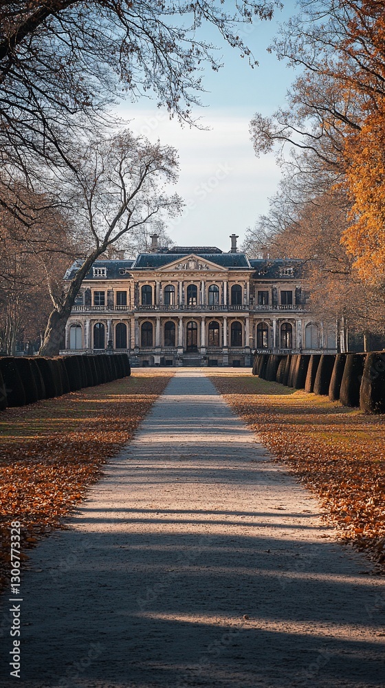 Naklejka premium Autumnal Path to Mansion in Park