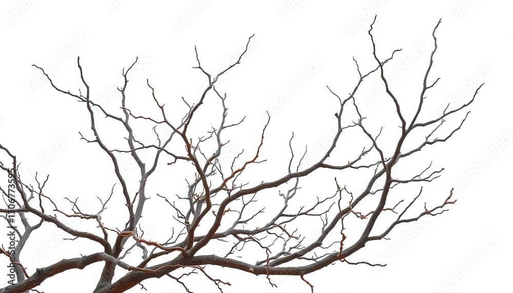 Bare, gnarled branches isolated against a pure white backdrop, high resolution, macro