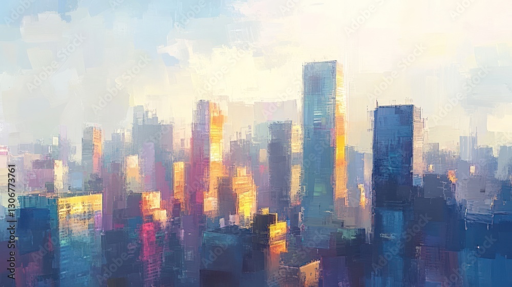 An abstract painting depicting a city skyline at sunrise or sunset An abstract painting depicting a city skyline at sunrise or sunset