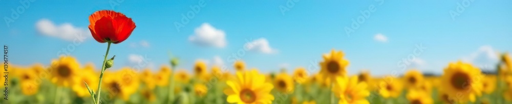 Obraz premium Single poppy flower in solitary bloom against a bright blue sky, sunflowers, isolated, flower field