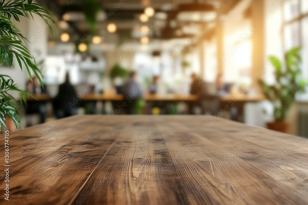 Wooden Table Surface in Modern Open Office Space with Blurred Background Wooden Table Surface in Modern Open Office Space with Blurred Background