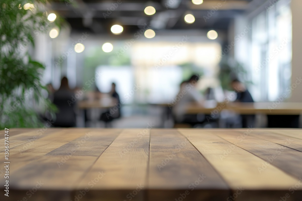 Wooden Table Foreground in Blurred Office Environment with Working People Wooden Table Foreground in Blurred Office Environment with Working People