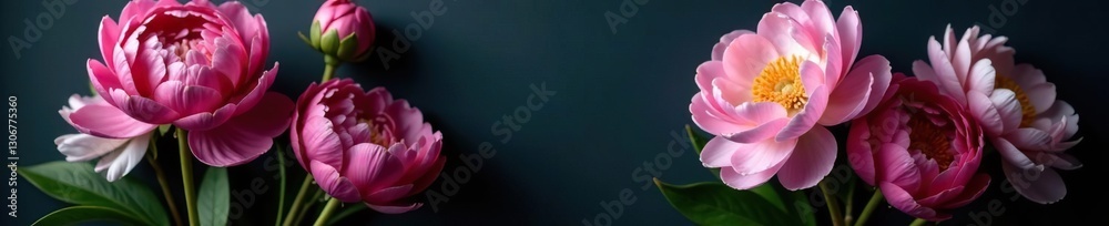 Large peony flowers in a loose bouquet on dark background with negative space, garden flowers, dark colored background, floral arrangement Large peony flowers in a loose bouquet on dark background with negative space, garden flowers, dark colored background, floral arrangement