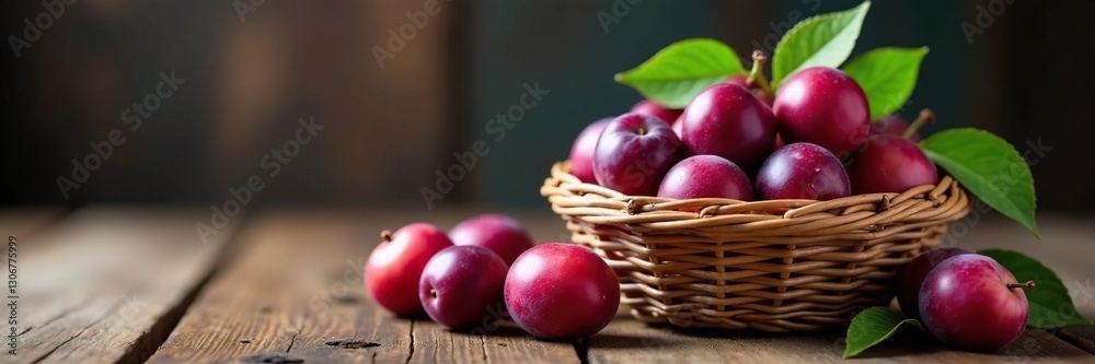 Plums nestled in a woven basket on a rustic table, basket, plums Plums nestled in a woven basket on a rustic table, basket, plums