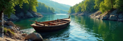 Ancient wooden barge glides on Cumberland river waters, rocky shore, cumberland river