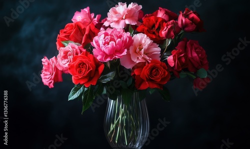 Wallpaper Mural Vibrant bouquet of deep red roses and soft pink peonies arranged in a glass vase, softly illuminated to highlight their delicate petals Torontodigital.ca
