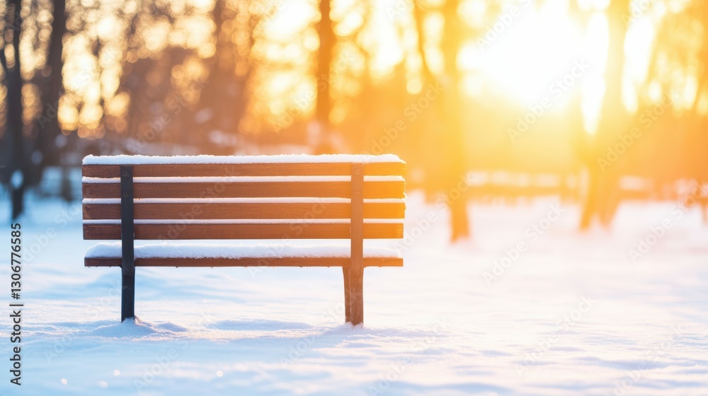 Frosted forest sunrise a wooden bench facing the view Frosted forest sunrise a wooden bench facing the view
