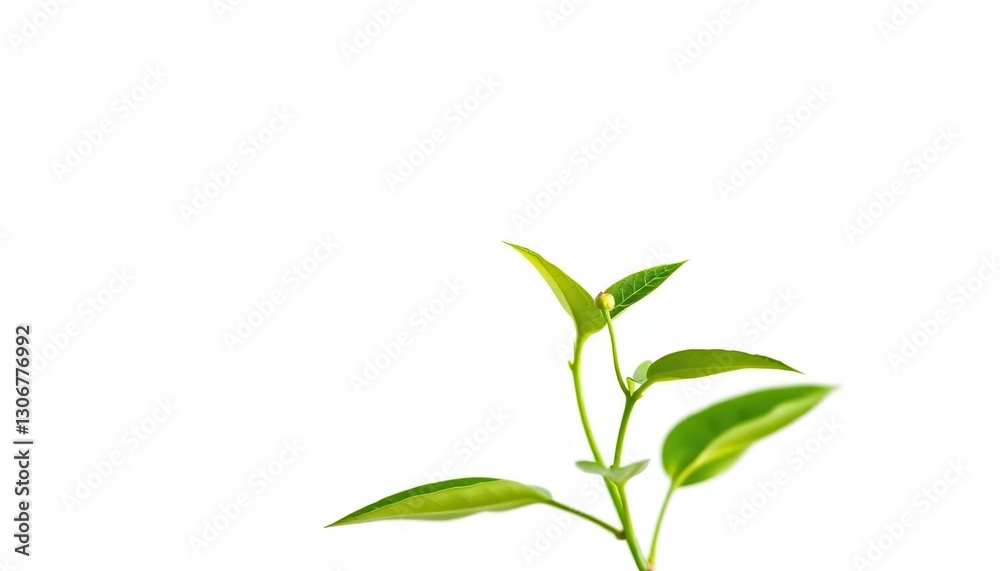 Fototapeta premium Single vibrant green plant, isolated on pure white, texture, design element