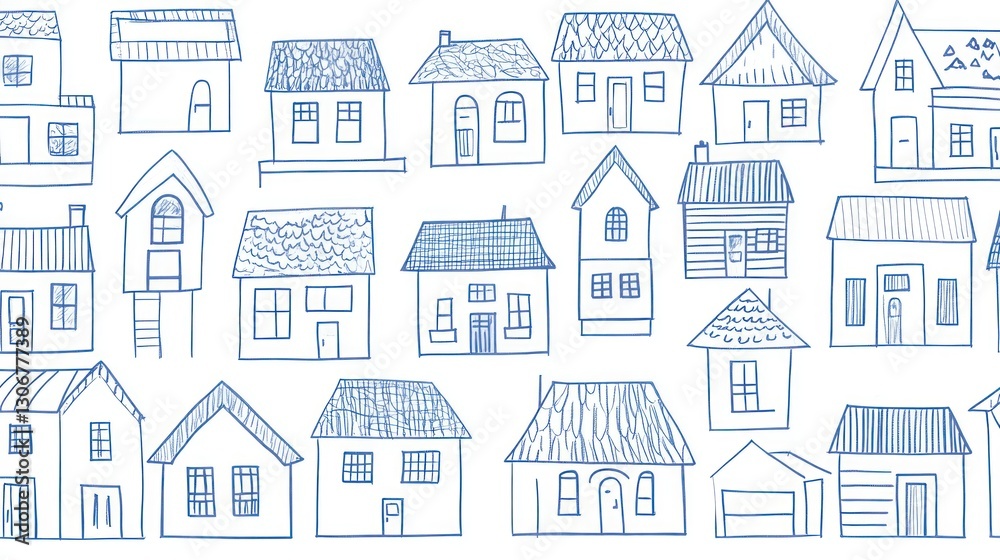 Collection of hand-drawn houses, various styles and sizes, blue ink sketch on white background. Collection of hand-drawn houses, various styles and sizes, blue ink sketch on white background.