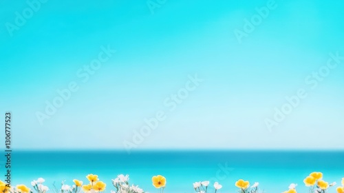 Tranquil beach scene with blue sky and yellow wildflowers in bloom