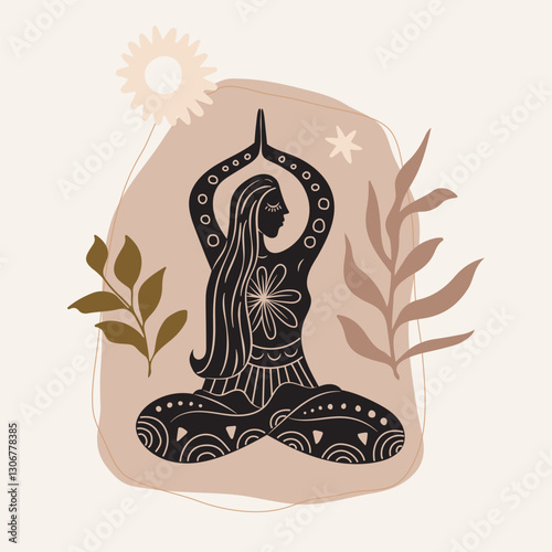 Vector illustration for International Yoga Day. Feminine figure in a flat style. Woman doing asana, surrounded by organic shapes. 