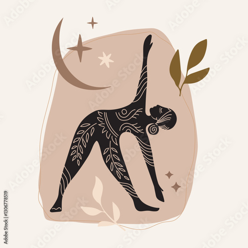 Vector illustration for International Yoga Day. Feminine figure in a flat style. Woman doing asana, surrounded by organic shapes. 