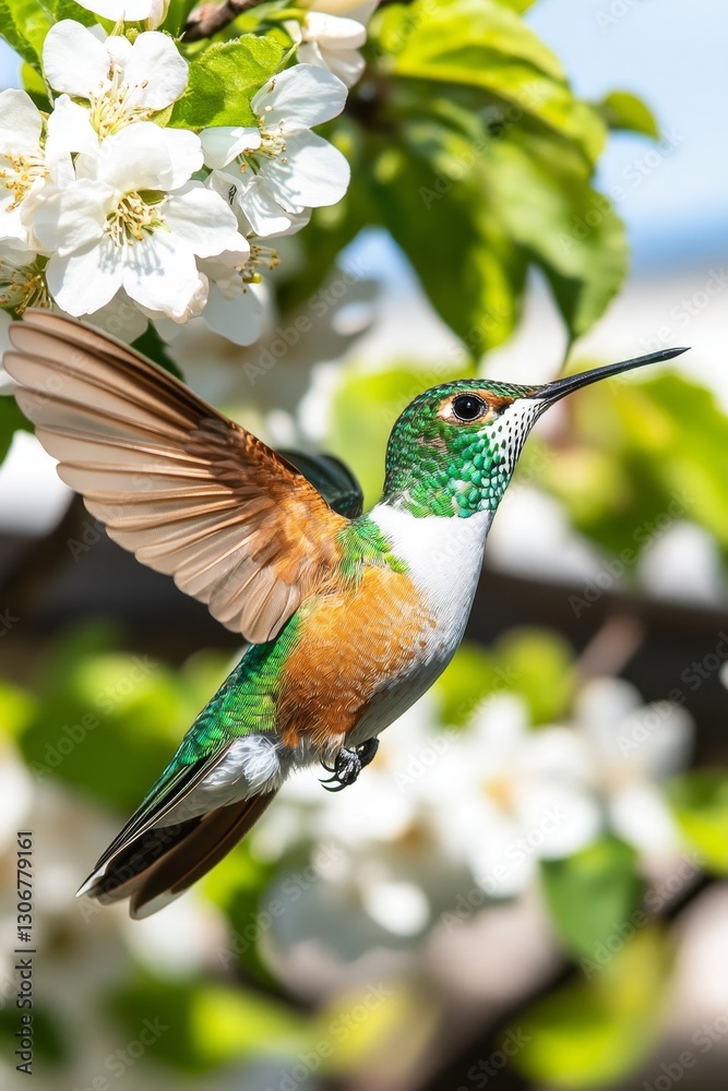 Fototapeta premium Hummingbird in Flight, Delicately Sipping Nectar from White Blossoms, Springtime Beauty