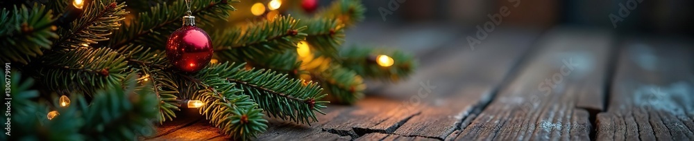 Cozy cabin scene with spruce branch arrangement and Christmas lights, Christmas, arrangement Cozy cabin scene with spruce branch arrangement and Christmas lights, Christmas, arrangement