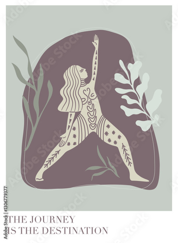Vector illustration poster for International Yoga Day. Feminine figure in a flat style. Woman doing asana surrounded by organic shapes. Motivated quote