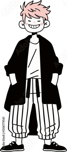 Anime Character Smiling, Black and White, Illustration Concept.