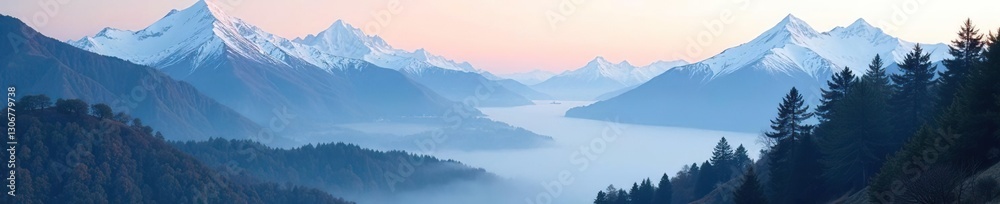 Misty morning amidst snow capped mountains and pine trees above Queenstown, mist, landscape Misty morning amidst snow capped mountains and pine trees above Queenstown, mist, landscape