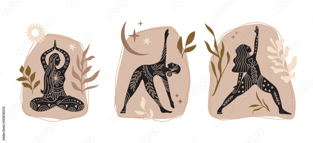 Vector set of illustrations for International Yoga Day. Feminine figure in a flat style. Woman doing asana, surrounded by organic shapes. Vector set of illustrations for International Yoga Day. Feminine figure in a flat style. Woman doing asana, surrounded by organic shapes.