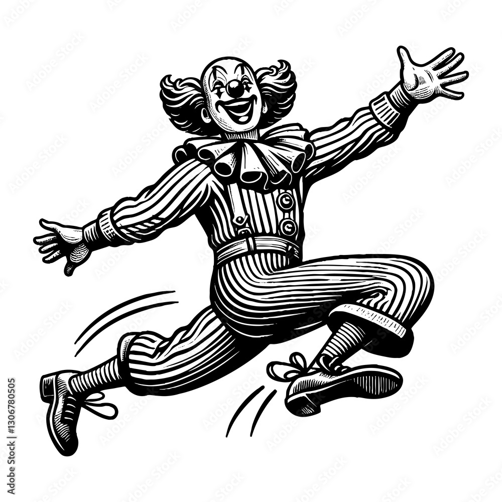 Fototapeta premium clown in mid-jump, wearing a classic costume with ruffles, buttons, and exaggerated shoes sketch engraving generative ai PNG illustration. Scratch board imitation. Black and white image.