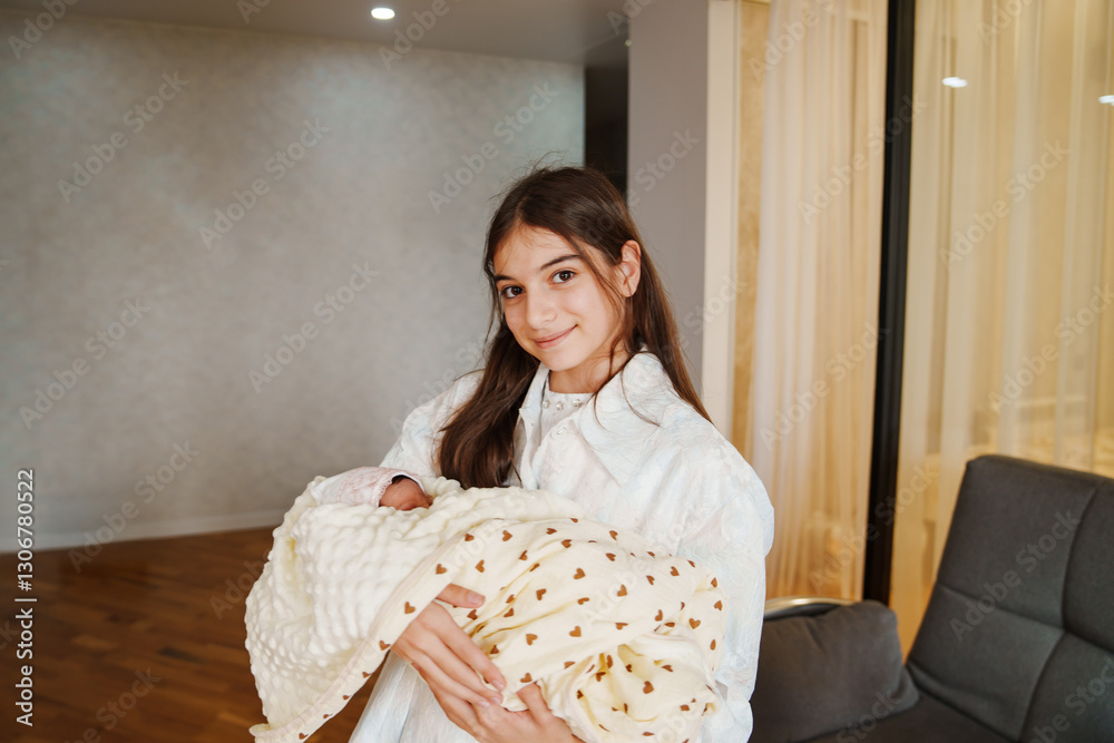 Newborn baby in the arms of his sister in a white dress