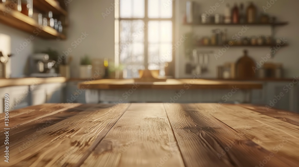 Fototapeta premium Rustic Kitchen Tabletop: Warm Wooden Surface with Blurred Background