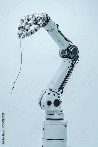 A close-up of a robotic arm holding a wire, showcasing the sleek, futuristic design of advanced robotics and machinery with detailed mechanical components.