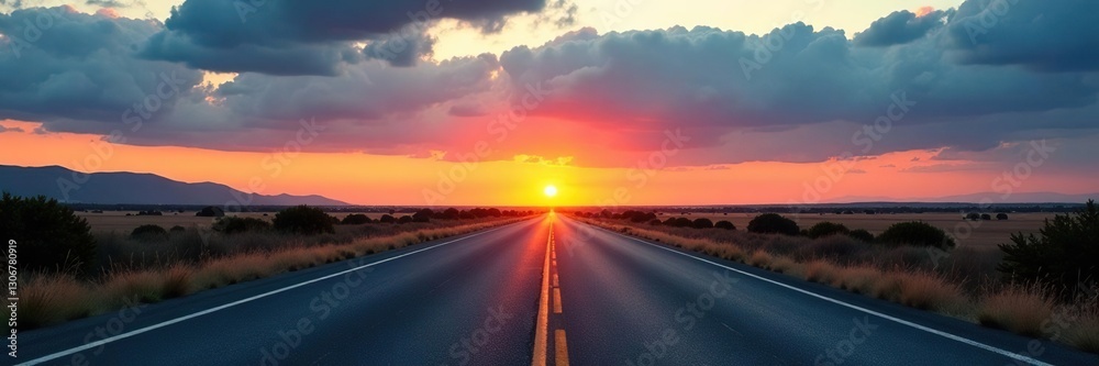 Fototapeta premium Gray asphalt road with scattered dark clouds at sunrise, lonely, asphalt, desolate